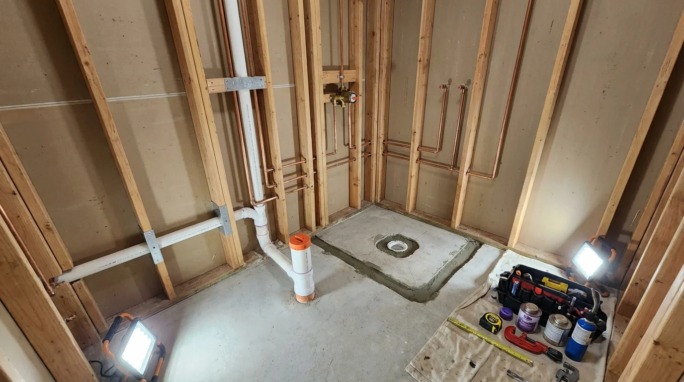 Bathroom rough-in plumbing during remodel by Johns Plumbing LLC in Little Rock