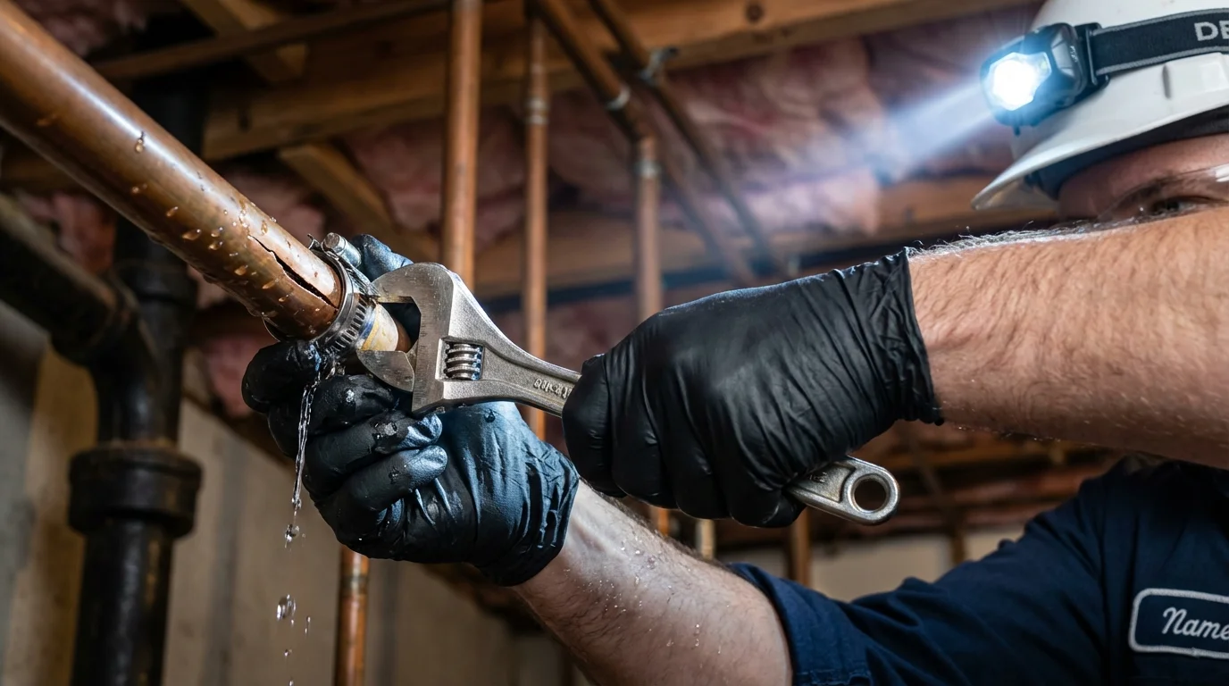 Emergency pipe clamp repair being performed by a Johns Plumbing LLC plumber in Little Rock