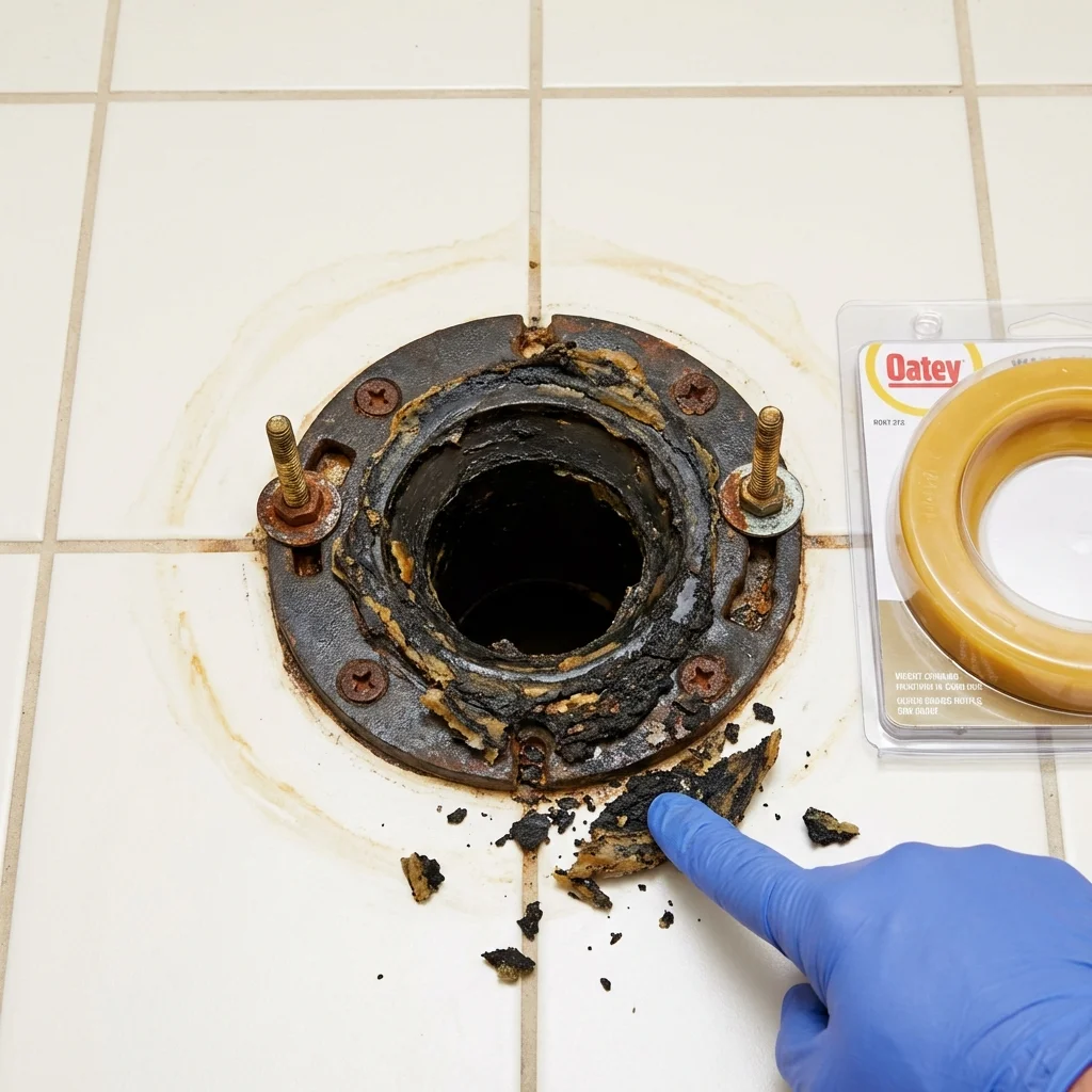 Failed wax ring showing water seepage at the base of a toilet in a Little Rock, AR home