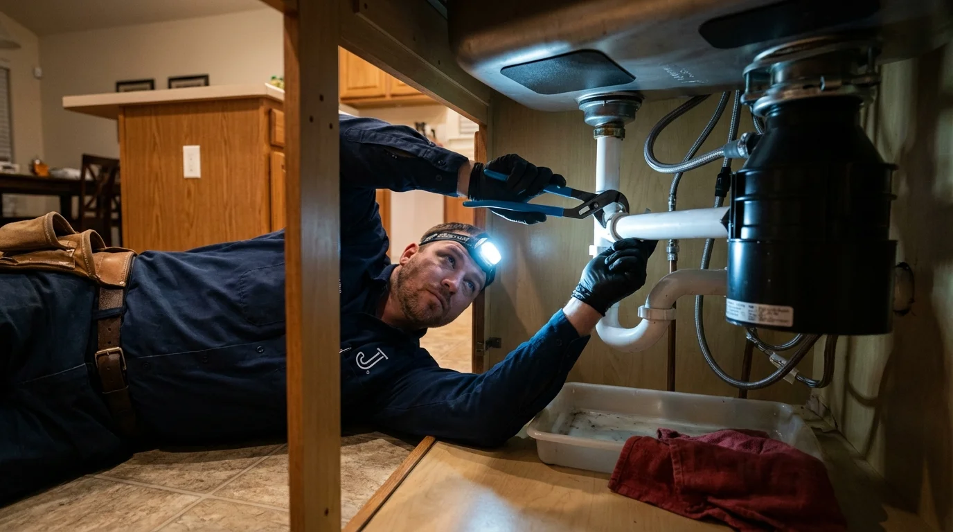 P-trap and supply line connections under a kitchen sink showing a common leak point in Little Rock, AR